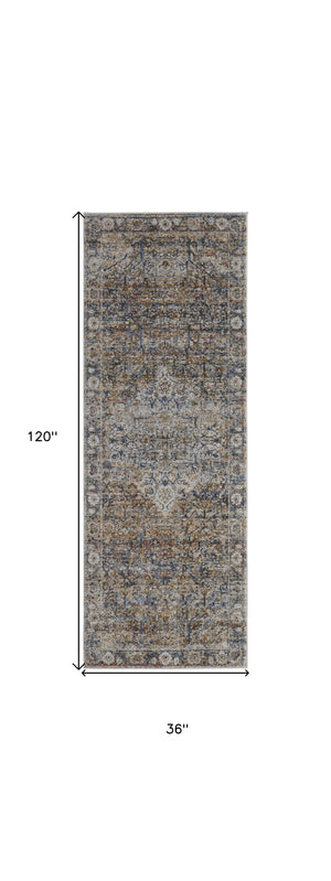 Homeroots 10' Tan And Blue Floral Power Loom Distressed Non Skid Runner Rug  Polypropylene 513969