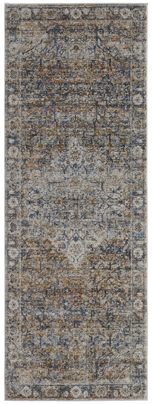 Homeroots 8' Tan Orange And Blue Floral Power Loom Distressed Runner Rug With Fringe  Polypropylene 513970
