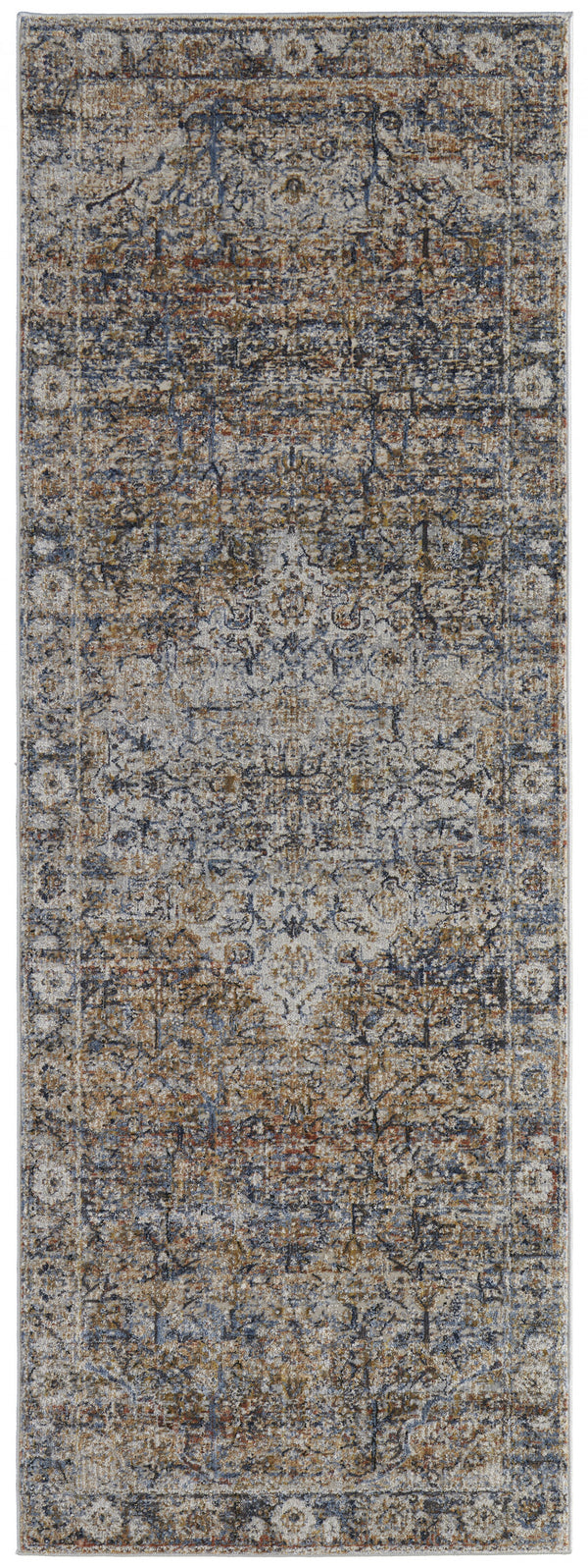 Homeroots 8' Tan Orange And Blue Floral Power Loom Distressed Runner Rug With Fringe  Polypropylene 513970