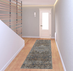 Homeroots 8' Tan Orange And Blue Floral Power Loom Distressed Runner Rug With Fringe  Polypropylene 513970