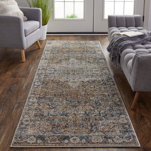 Homeroots 12' Tan Orange And Blue Floral Power Loom Distressed Non Skid Runner Rug  Polypropylene 513971