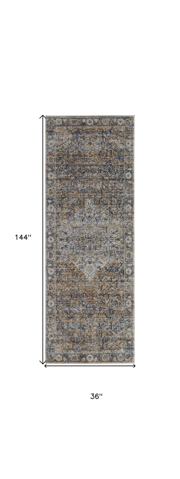 Homeroots 12' Tan Orange And Blue Floral Power Loom Distressed Non Skid Runner Rug  Polypropylene 513971