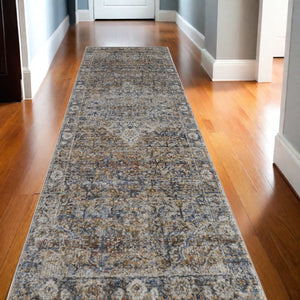 Homeroots 12' Tan Orange And Blue Floral Power Loom Distressed Non Skid Runner Rug  Polypropylene 513971