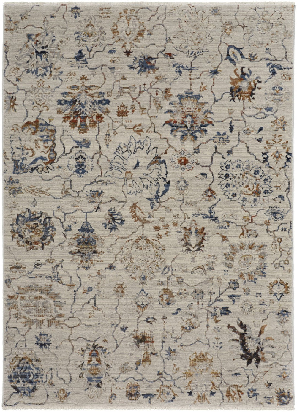 HomeRoots 5' Elegant Distressed Floral Area Rug in Ivory, Blue & Burnt Orange - Cozy Vintage Charm for Home 5' X 8' 513982