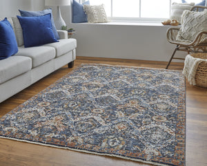 HomeRoots 5' Elegant Floral Area Rug in Ivory, Blue, and Burnt Orange with Fringed Edges for Timeless Style 5' X 8' 513990