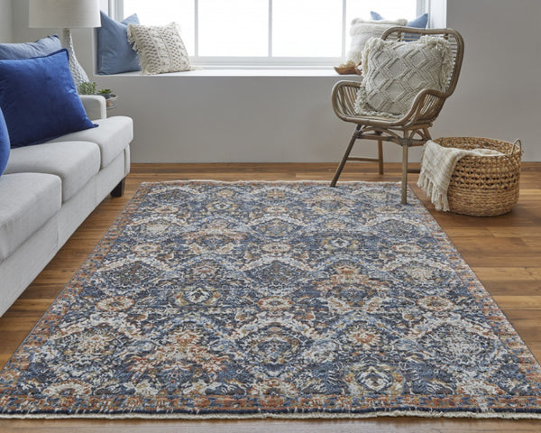 HomeRoots 5' Elegant Floral Area Rug in Ivory, Blue, and Burnt Orange with Fringed Edges for Timeless Style 5' X 8' 513990