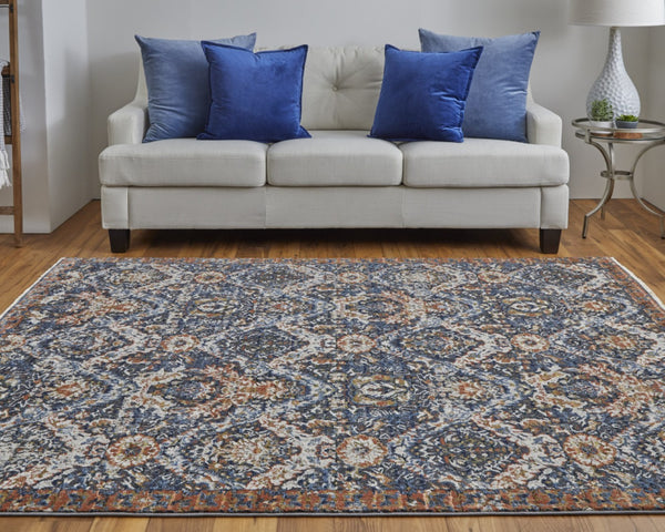 HomeRoots 5' Elegant Floral Area Rug in Ivory, Blue, and Burnt Orange with Fringed Edges for Timeless Style 5' X 8' 513990