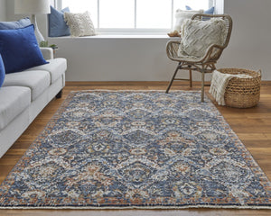 HomeRoots 5' Elegant Floral Area Rug in Ivory, Blue, and Burnt Orange with Fringed Edges for Timeless Style 8' X 10' 513991