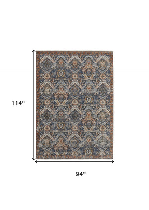 HomeRoots 5' Elegant Floral Area Rug in Ivory, Blue, and Burnt Orange with Fringed Edges for Timeless Style 8' X 10' 513991