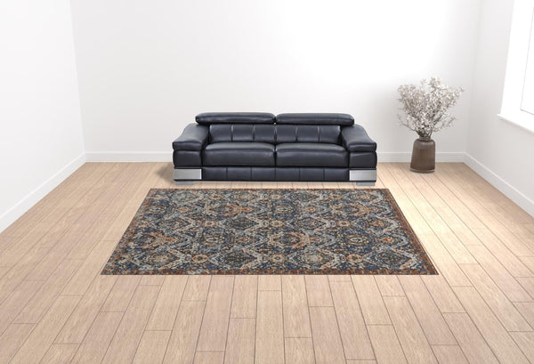 HomeRoots 5' Elegant Floral Area Rug in Ivory, Blue, and Burnt Orange with Fringed Edges for Timeless Style 10' X 13' 513992