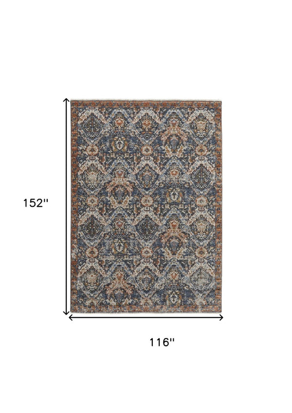 HomeRoots 5' Elegant Floral Area Rug in Ivory, Blue, and Burnt Orange with Fringed Edges for Timeless Style 10' X 13' 513992
