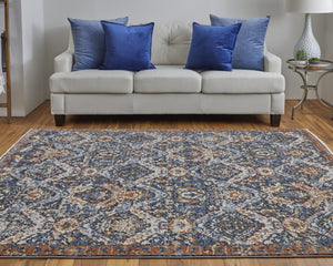 HomeRoots 5' Elegant Floral Area Rug in Ivory, Blue, and Burnt Orange with Fringed Edges for Timeless Style 10' X 13' 513992