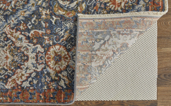 HomeRoots 5' Elegant Floral Area Rug in Ivory, Blue, and Burnt Orange with Fringed Edges for Timeless Style 10' X 13' 513992