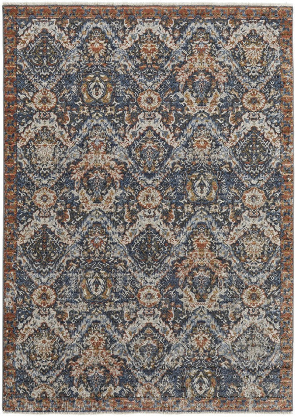 HomeRoots 5' Elegant Floral Area Rug in Ivory, Blue, and Burnt Orange with Fringed Edges for Timeless Style 12' X 15' 513996