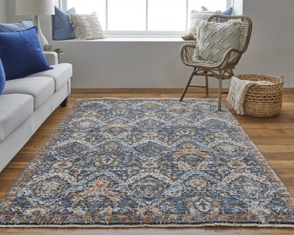 HomeRoots 5' Elegant Floral Area Rug in Ivory, Blue, and Burnt Orange with Fringed Edges for Timeless Style 12' X 15' 513996