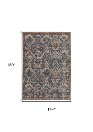 HomeRoots 5' Elegant Floral Area Rug in Ivory, Blue, and Burnt Orange with Fringed Edges for Timeless Style 12' X 15' 513996