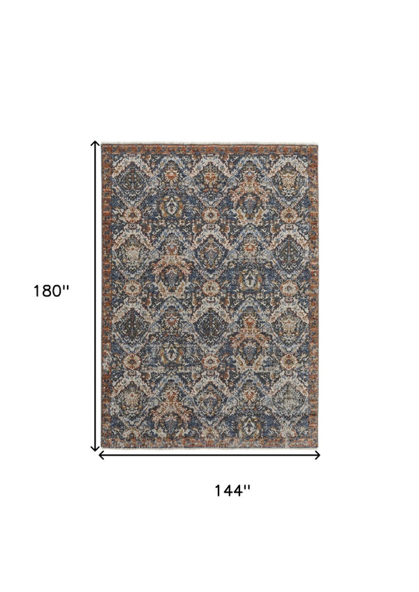 HomeRoots 5' Elegant Floral Area Rug in Ivory, Blue, and Burnt Orange with Fringed Edges for Timeless Style 12' X 15' 513996