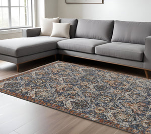 HomeRoots 5' Elegant Floral Area Rug in Ivory, Blue, and Burnt Orange with Fringed Edges for Timeless Style 12' X 15' 513996