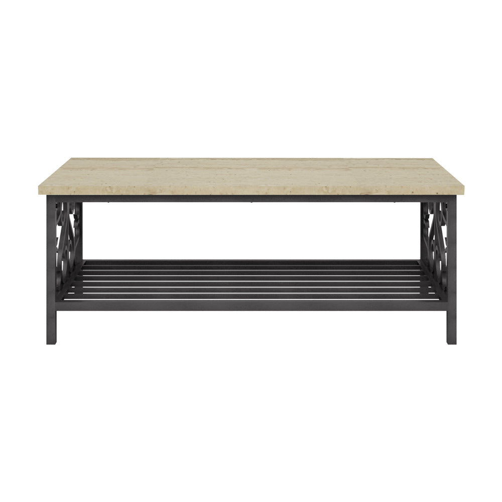 English Elm 3-Piece Fairhope Occasional Table Set with Faux Marble Tops, Black Metal Scrollwork, Living Room Chic B011P289731