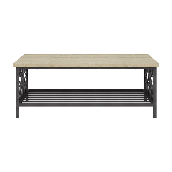 English Elm 3-Piece Fairhope Occasional Table Set with Faux Marble Tops, Black Metal Scrollwork, Living Room Chic B011P289731