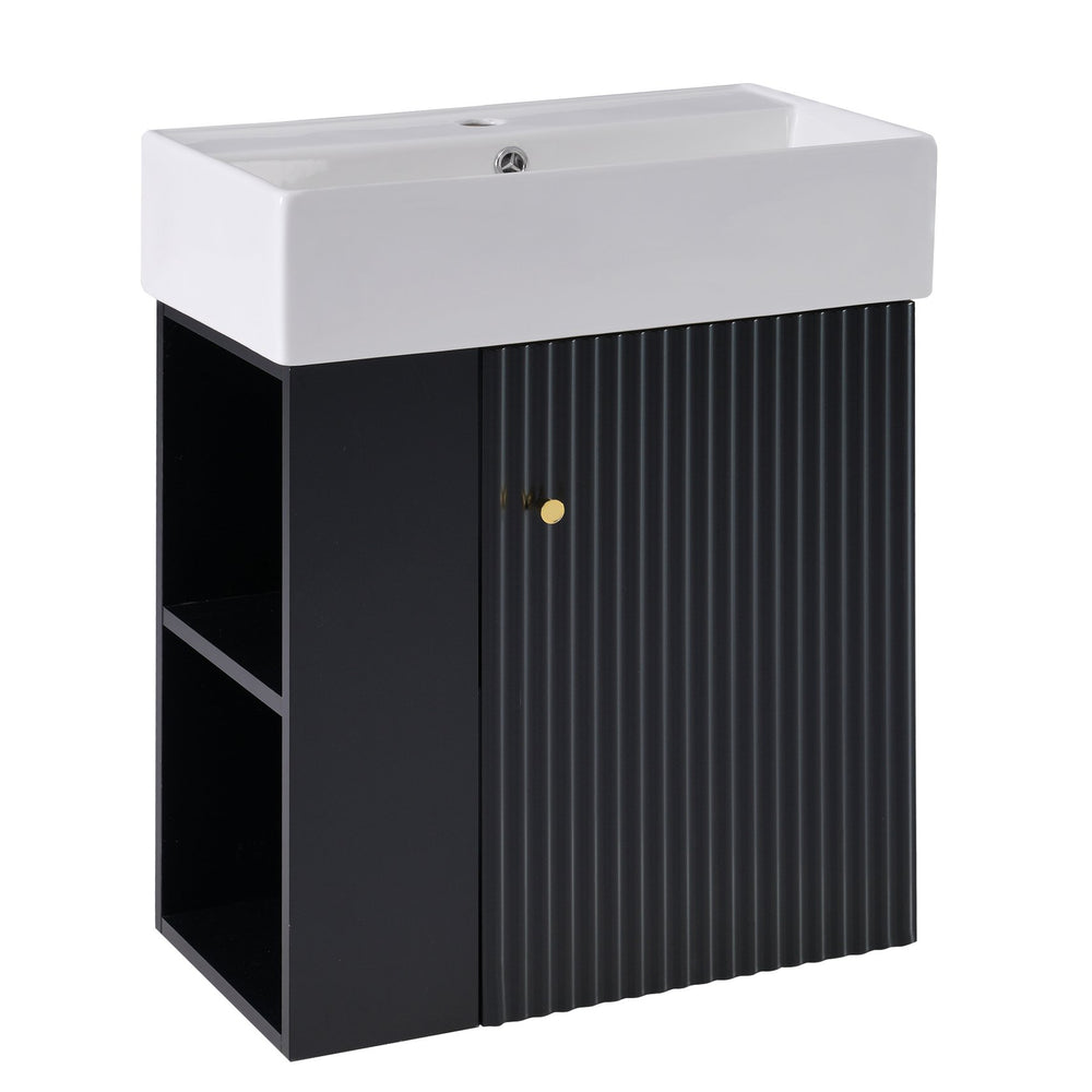 English Elm 21.6 Modern Floating Bathroom Vanity with Ceramic Basin, Wave Door, Rose Gold Handle, Space-Saving Black N729P170390B