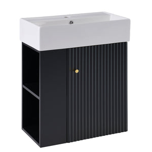 English Elm 21.6 Modern Floating Bathroom Vanity with Ceramic Basin, Wave Door, Rose Gold Handle, Space-Saving Black N729P170390B