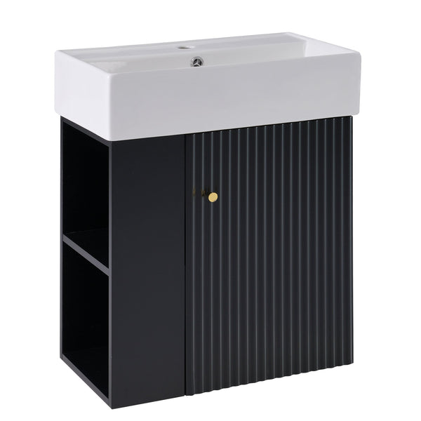English Elm 21.6 Modern Floating Bathroom Vanity with Ceramic Basin, Wave Door, Rose Gold Handle, Space-Saving Black N729P170390B