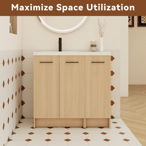 English Elm 36" Floating Bathroom Vanity Light Oak Modular Cabinet with Gel Coat Integrated Sink W3450S00100