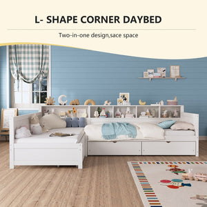 English Elm Twin Corner Daybed with Storage Drawers Bookshelf Wood L-shape Frame for Small Rooms White N733S369272K