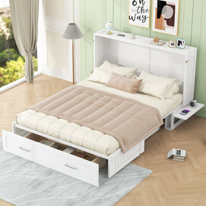 English Elm Queen Mobile Murphy Bed with Drawers & Side Shelves, White Fold-Up Queen Wall Bed for Guests SM000317AAK
