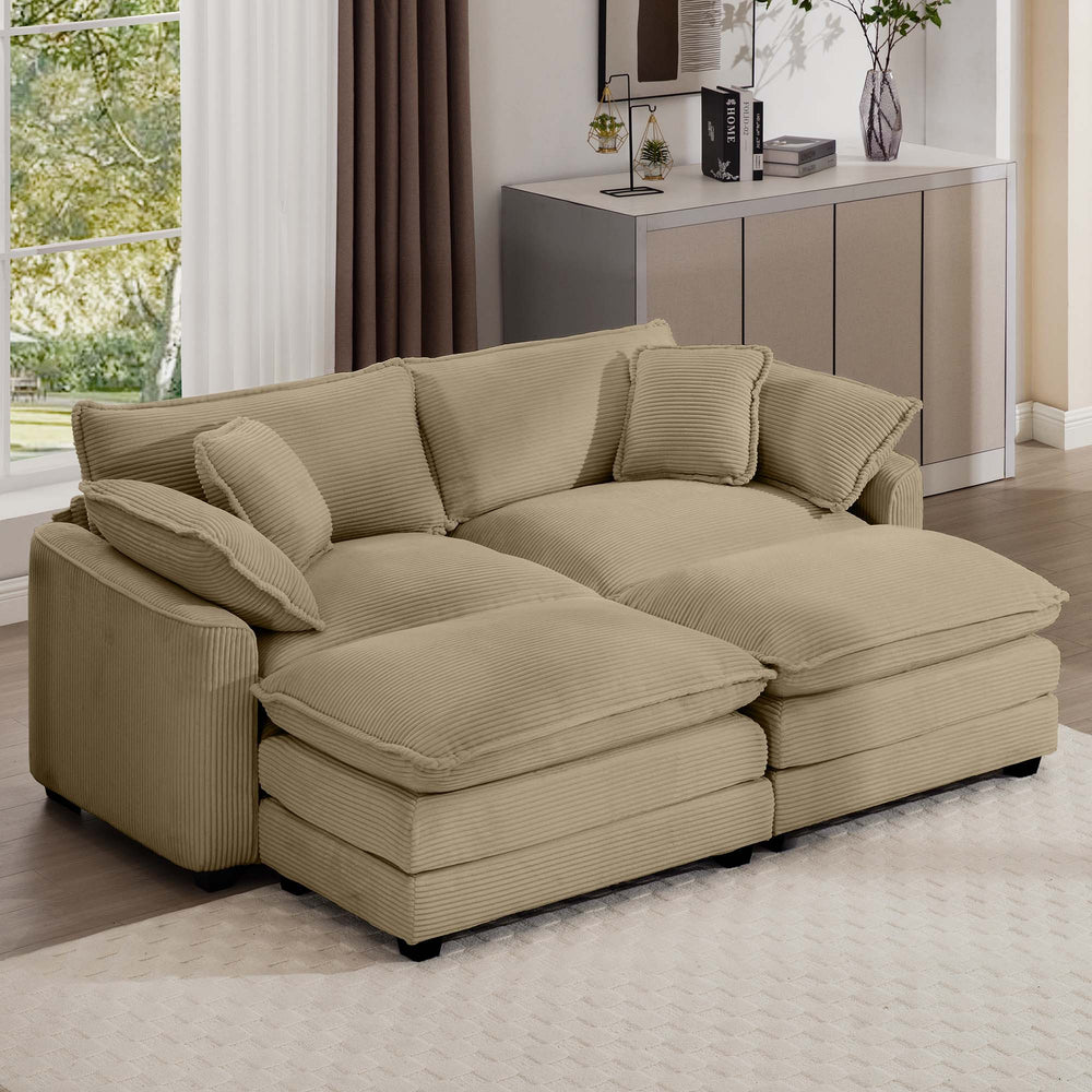 English Elm Corduroy Two-Seater Sofa With Ottoman & Footrest - Chic Tan Sofa For Small Spaces & Cozy Living Areas W714S00791