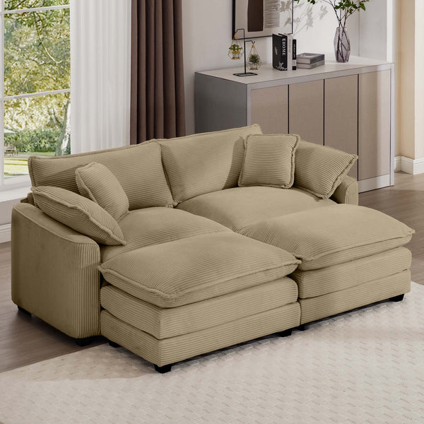 English Elm Corduroy Two-Seater Sofa With Ottoman & Footrest - Chic Tan Sofa For Small Spaces & Cozy Living Areas W714S00791