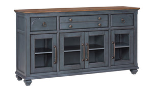 English Elm Americana Distressed Blue Buffet Cabinet with Glass Doors and Antique Pewter Hardware B108P411433