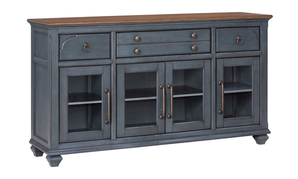 English Elm Americana Distressed Blue Buffet Cabinet with Glass Doors and Antique Pewter Hardware B108P411433