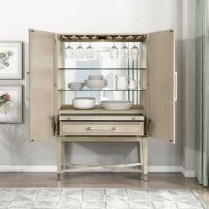 English Elm 1pc Oak Bar Cabinet with Led Mirrored Interior Stemware Rack and Pull Out Tray B011P474393