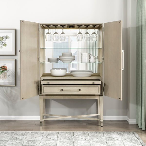 English Elm 1pc Oak Bar Cabinet with Led Mirrored Interior Stemware Rack and Pull Out Tray B011P474393