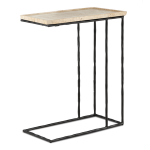 Boyles Travertine C Table - Unique Solid Stone Top with Forged Iron Base, Modern Style, Indoor Use