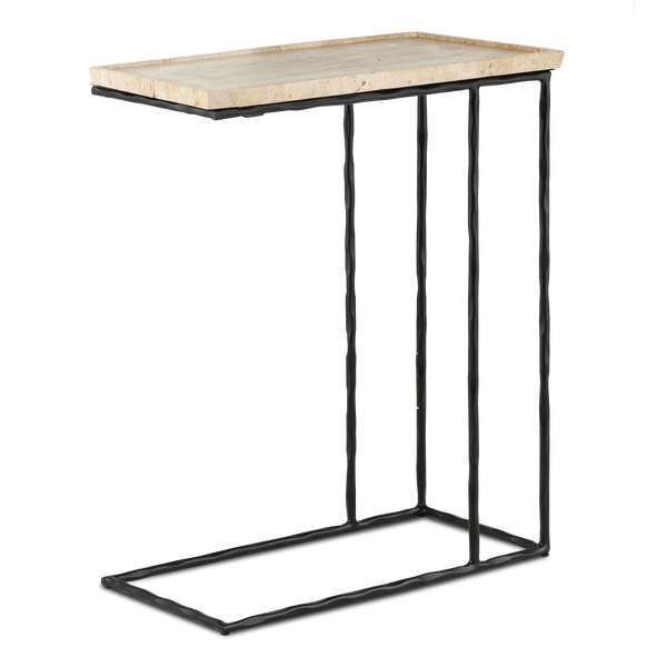 Boyles Travertine C Table - Unique Solid Stone Top with Forged Iron Base, Modern Style, Indoor Use