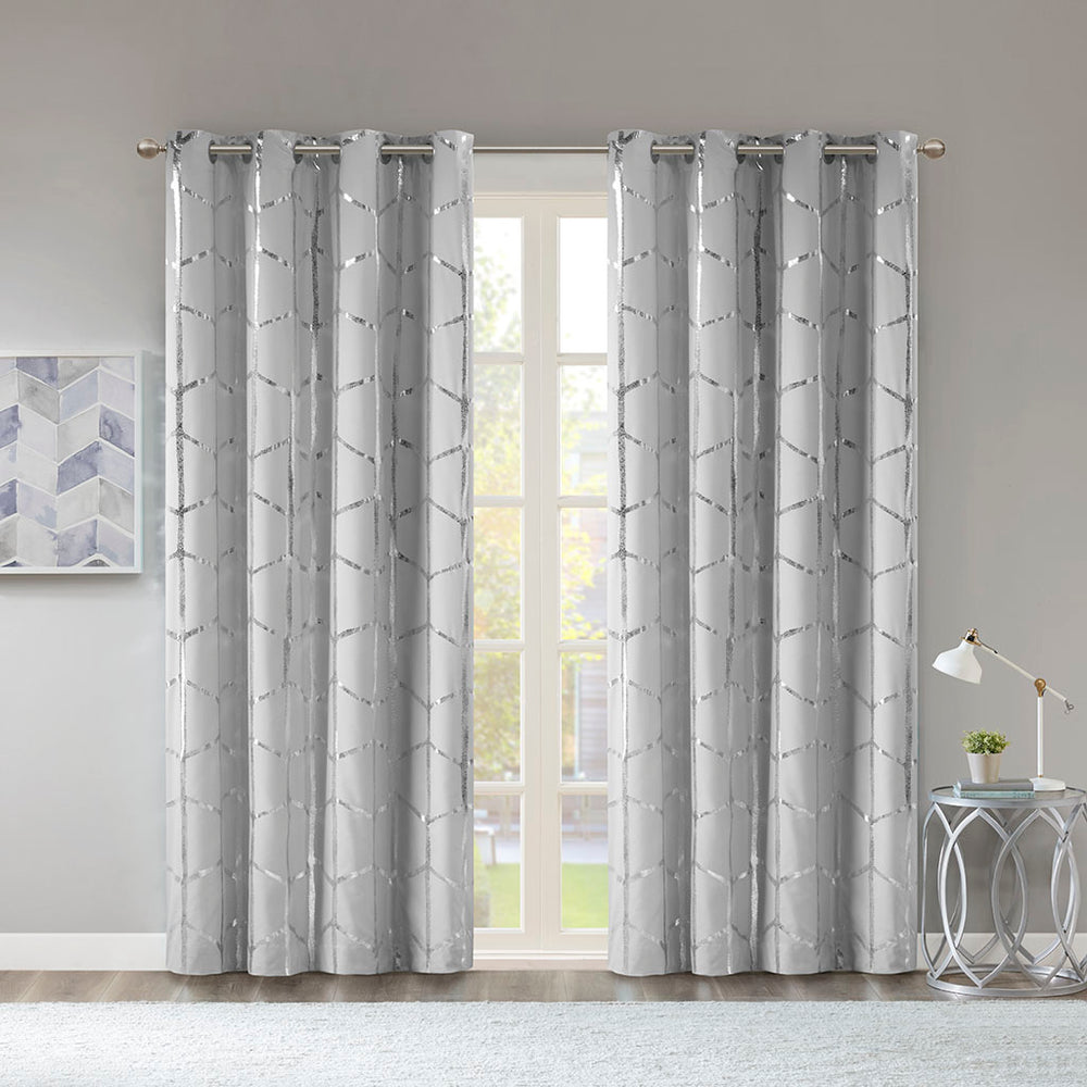 JLA Home Intelligent Design - Total Metallic Geometric Blackout Curtain Panels Pair with Grommet Top, Foamback Liner for Privacy Grey/Silver ID40-2232
