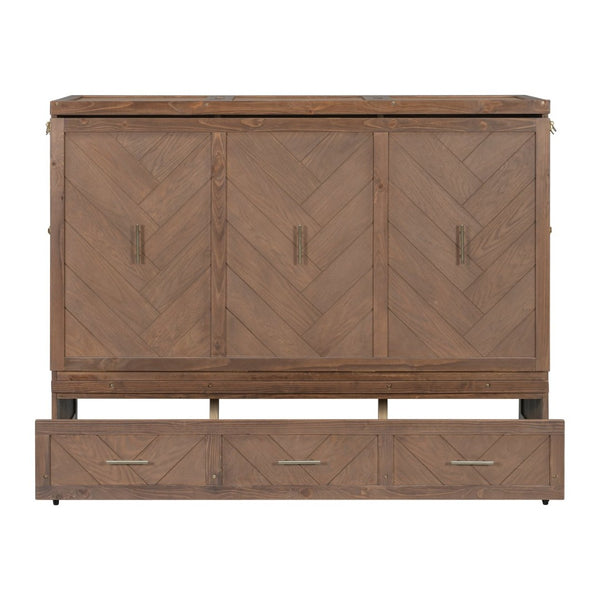 English Elm Queen Cabinet Murphy Bed Pine Wood Frame Geometric Panel Usb Charging Guest Room W504S00306