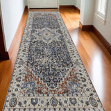 Homeroots 10' Ivory And Blue Floral Power Loom Non Skid Runner Rug  Polypropylene 514001