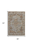 Homeroots 5' X 8' Tan And Ivory Floral Power Loom Non Skid Area Rug With Fringe  Polypropylene 514014