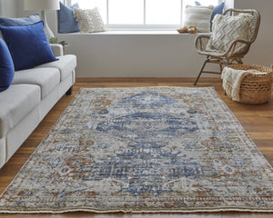 HomeRoots 5' Distressed Oriental Area Rug in Gray-Blue and Burnt Orange with Fringed Tassels for Warmth 5' X 8' 514022