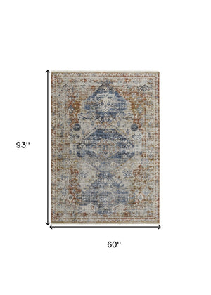 HomeRoots 5' Distressed Oriental Area Rug in Gray-Blue and Burnt Orange with Fringed Tassels for Warmth 5' X 8' 514022