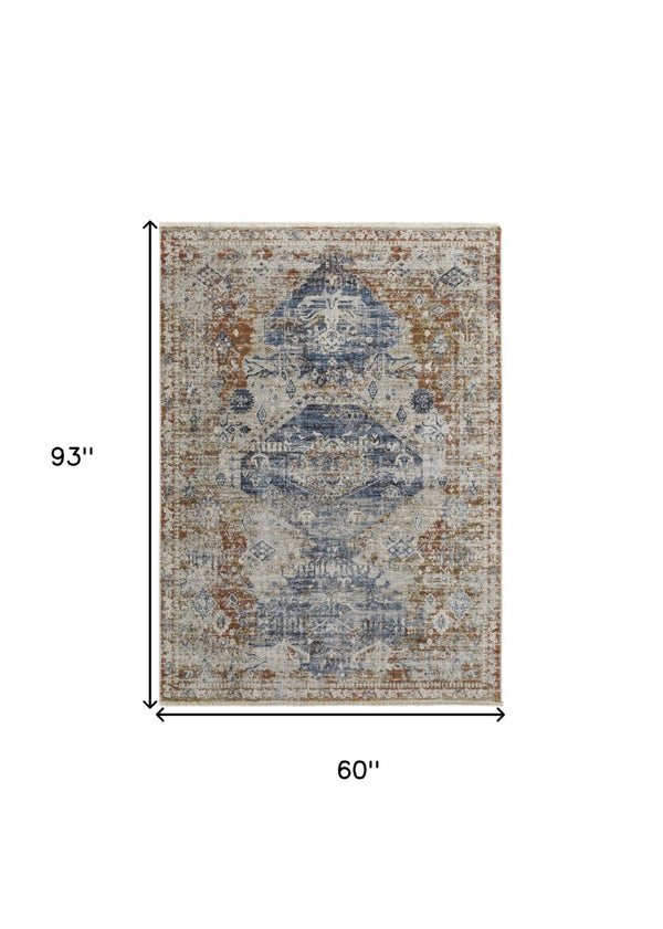 HomeRoots 5' Distressed Oriental Area Rug in Gray-Blue and Burnt Orange with Fringed Tassels for Warmth 5' X 8' 514022
