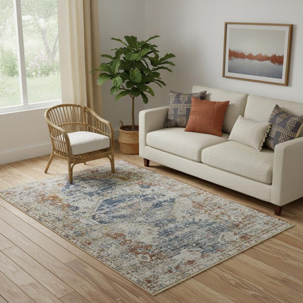 HomeRoots 5' Distressed Oriental Area Rug in Gray-Blue and Burnt Orange with Fringed Tassels for Warmth 5' X 8' 514022