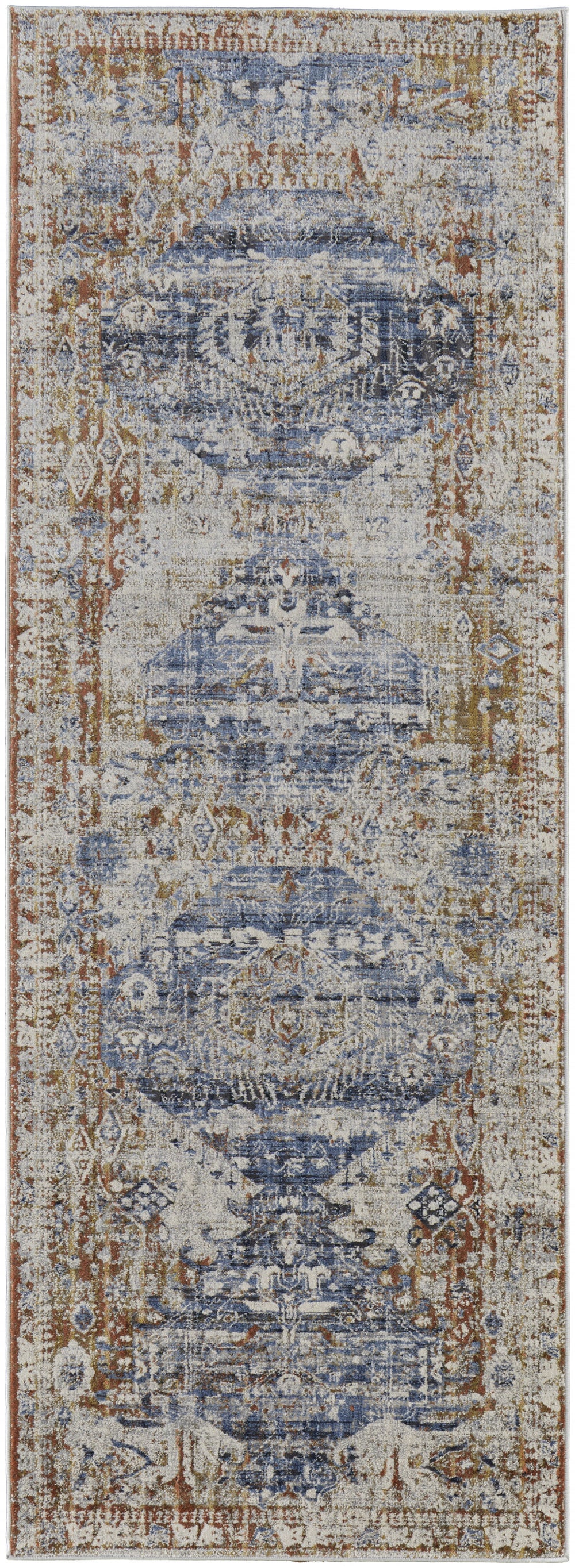 Homeroots 12' Ivory Orange And Blue Floral Power Loom Distressed Runner Rug With Fringe  Polypropylene 514027
