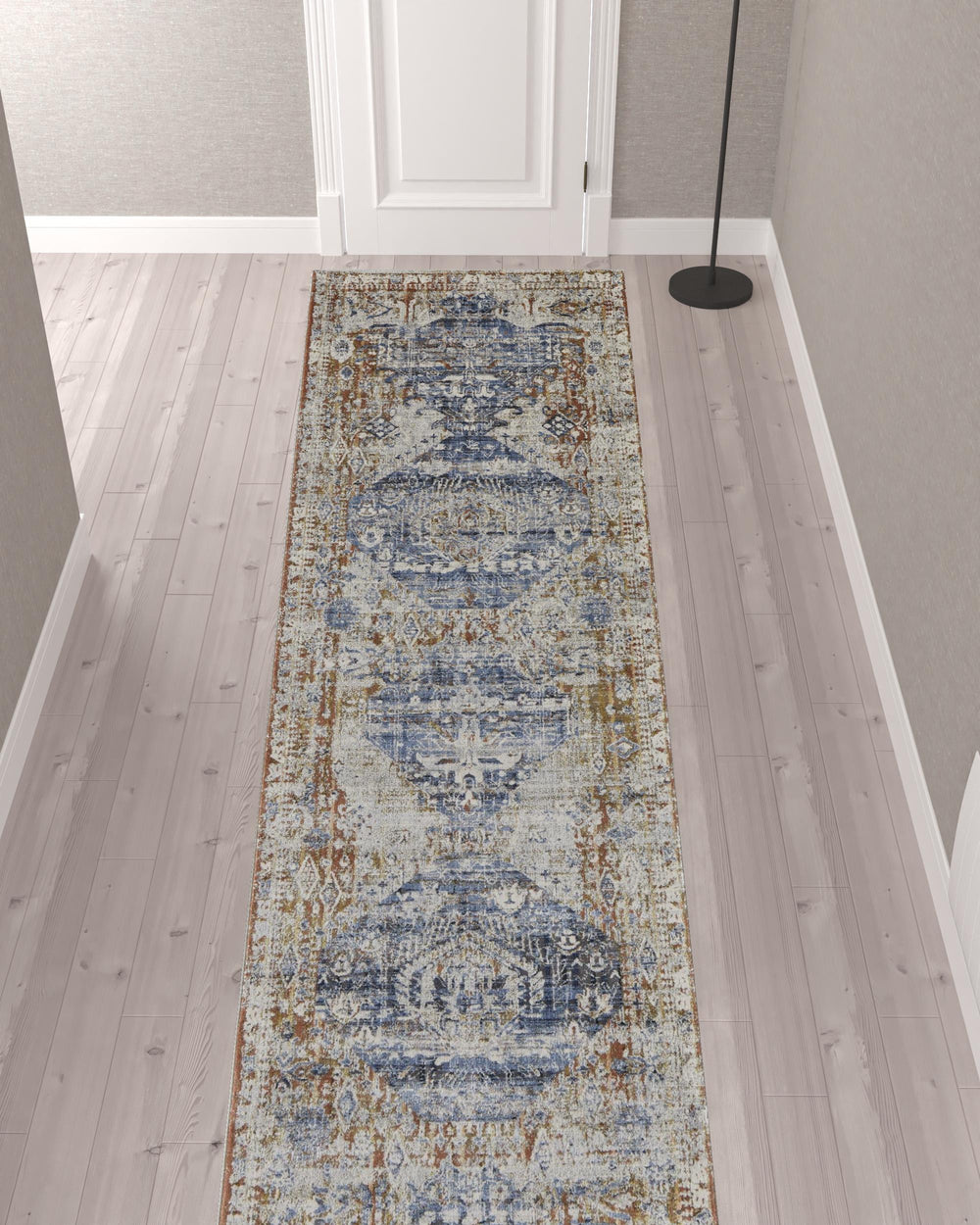 Homeroots 12' Ivory Orange And Blue Floral Power Loom Distressed Runner Rug With Fringe  Polypropylene 514027