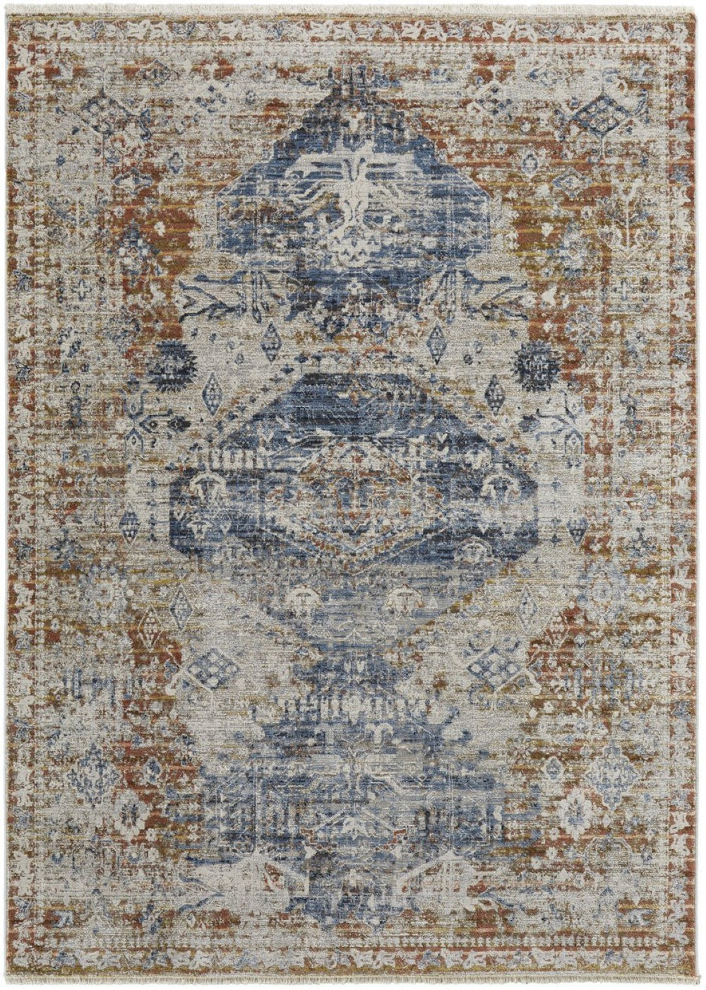 HomeRoots 5' Distressed Oriental Area Rug in Gray-Blue and Burnt Orange with Fringed Tassels for Warmth 12' X 15' 514028