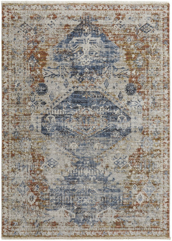 HomeRoots 5' Distressed Oriental Area Rug in Gray-Blue and Burnt Orange with Fringed Tassels for Warmth 12' X 15' 514028